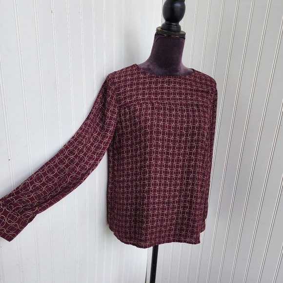 Loft Ann Taylor Burgundy Long Sleeve Red Patterned Keyhole Long Sleeve Blouse S - Picture 3 of 12